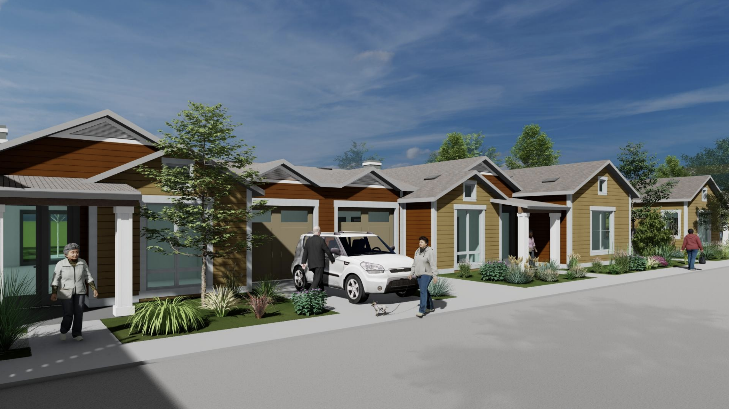 People walk around outside a row of residences at University Retirement Community